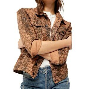 NWOT Free People Snake Trucker Jacket XS Brown Snakeskin Print Denim Cotton